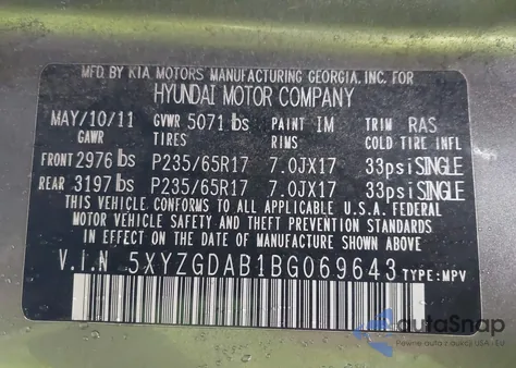 2011 Hyundai Santa Fe Gls from USA, damaged, VIN 5XYZGDAB1BG069643